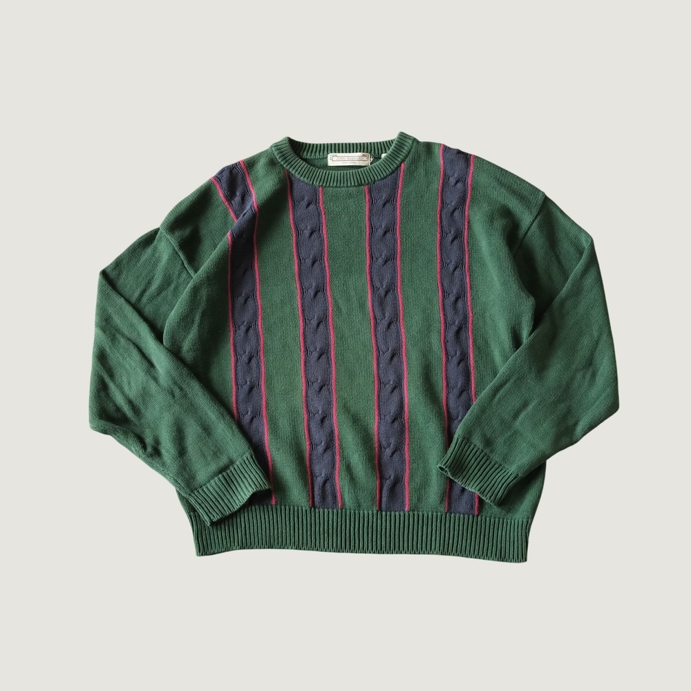 John Ashford Sweater Cable Knit Green Striped 100% Cotton XL Vintage Preppy 3437